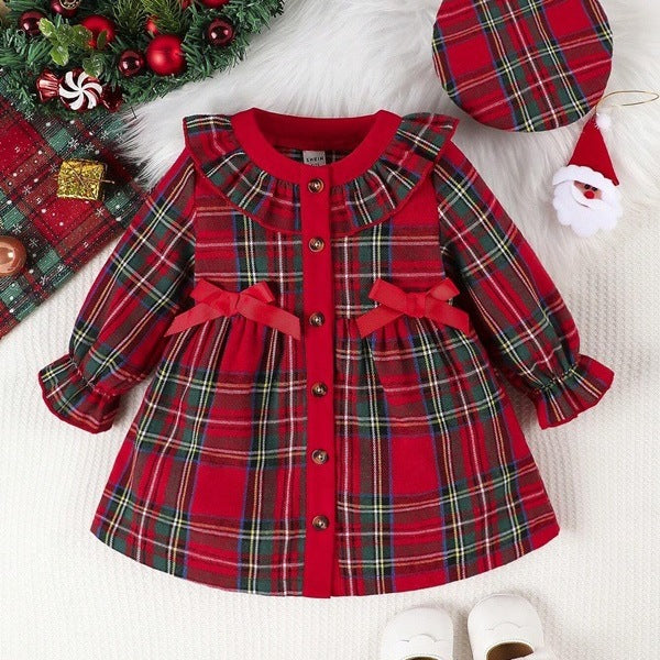 Stylish plaid long-sleeved dress for girls, perfect for spring, autumn, and Christmas, plus a hat.