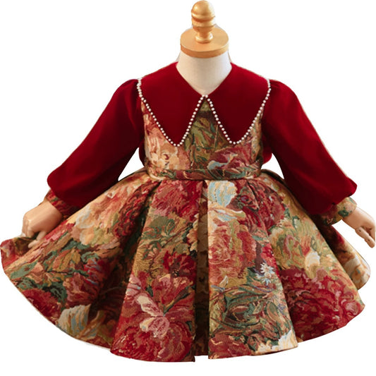 Red long sleeved girls' New Year's dress princess dress baby's first year dress