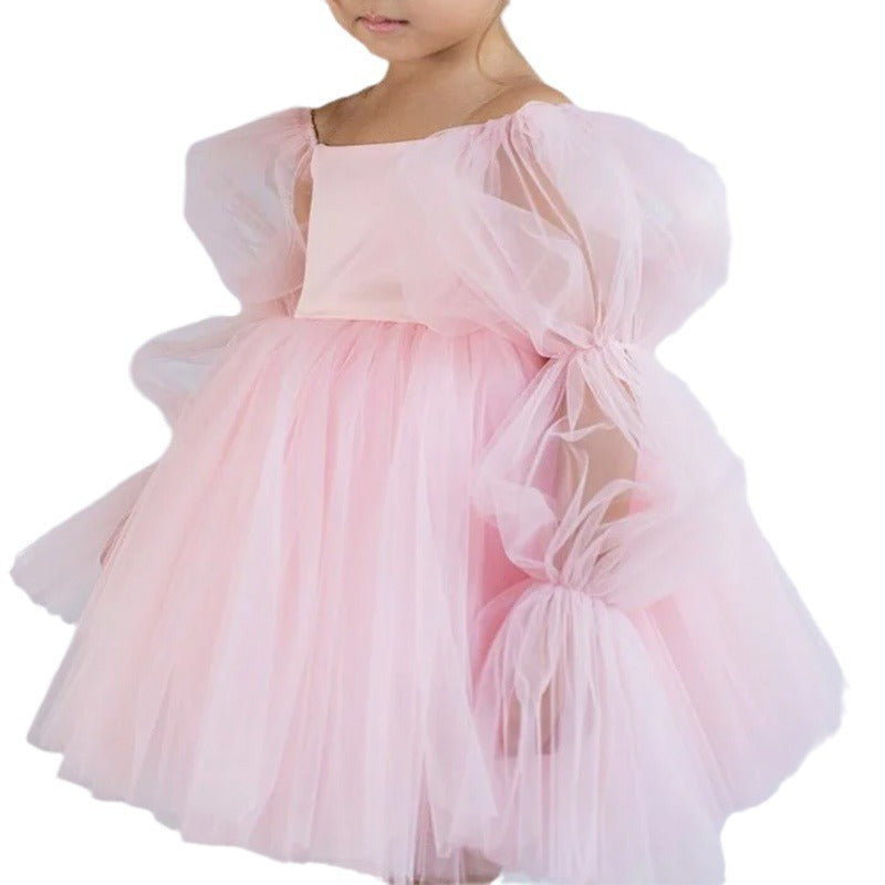 Princess Dress Children's First Birthday Formal Dress Cute Flower Girl Wedding One-Shoulder Princess Dress Tulle Puffy Skirt