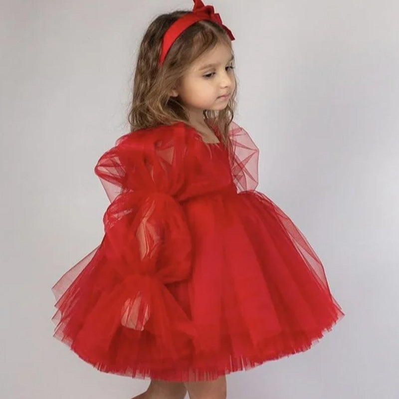 Princess Dress Children's First Birthday Formal Dress Cute Flower Girl Wedding One-Shoulder Princess Dress Tulle Puffy Skirt